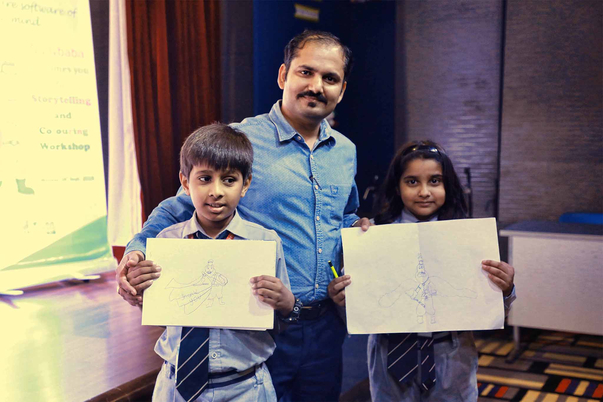 Students presenting their creative work at the GullyBaba Kids workshop at Dwarka International School, Delhi